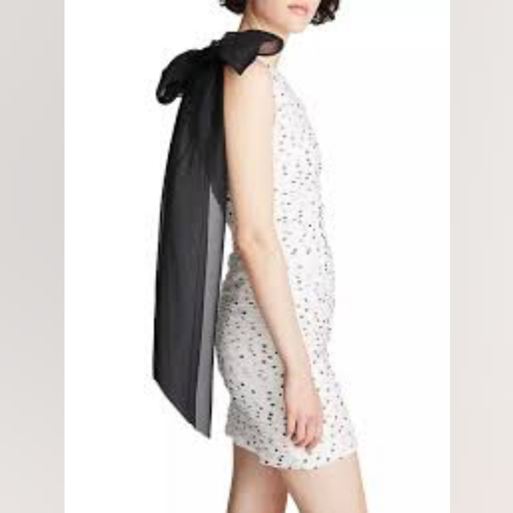 Halston Ruched Polka Dot  Cocktail Party Dress with Long Bow The Analise NEW Sz8